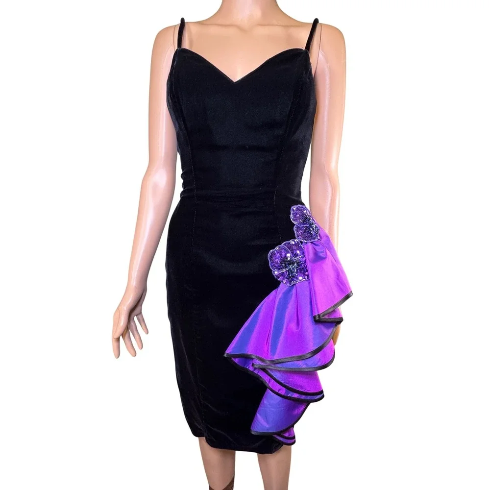 Vintage New Leaf 80s Black Velvet Purple Ruffle Beaded Floral Cocktail Dress 4 - Picture 1 of 10